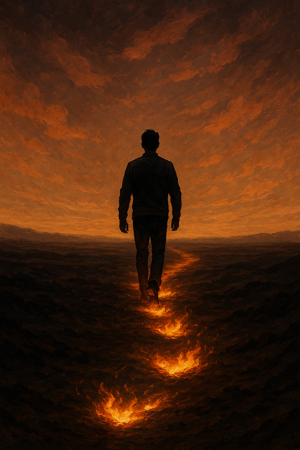 Una figura caminando sobre un sendero de fuego que deja huellas brillantes a su paso.