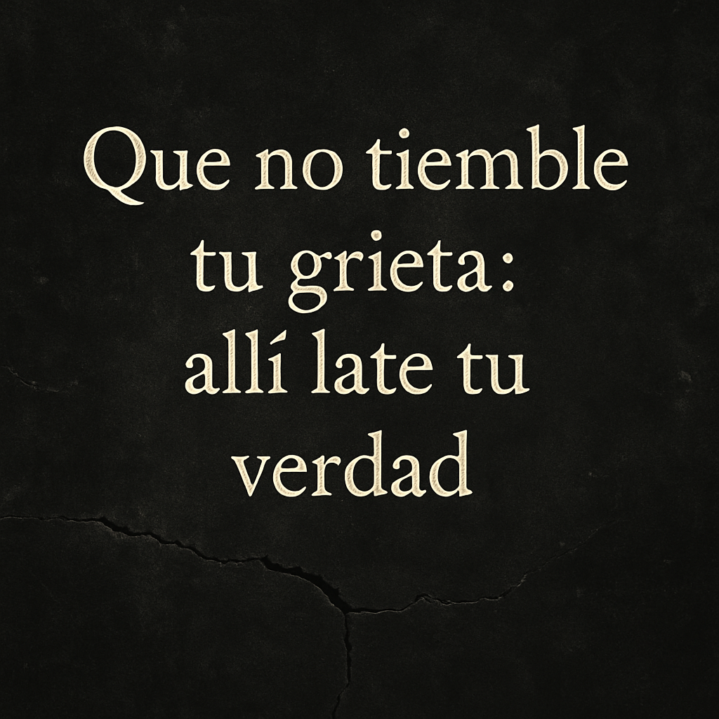 Frase inspiradora 'Que no tiemble tu grieta: allí late tu verdad' sobre fondo oscuro y agrietado, simbolizando la fuerza de la imperfección
