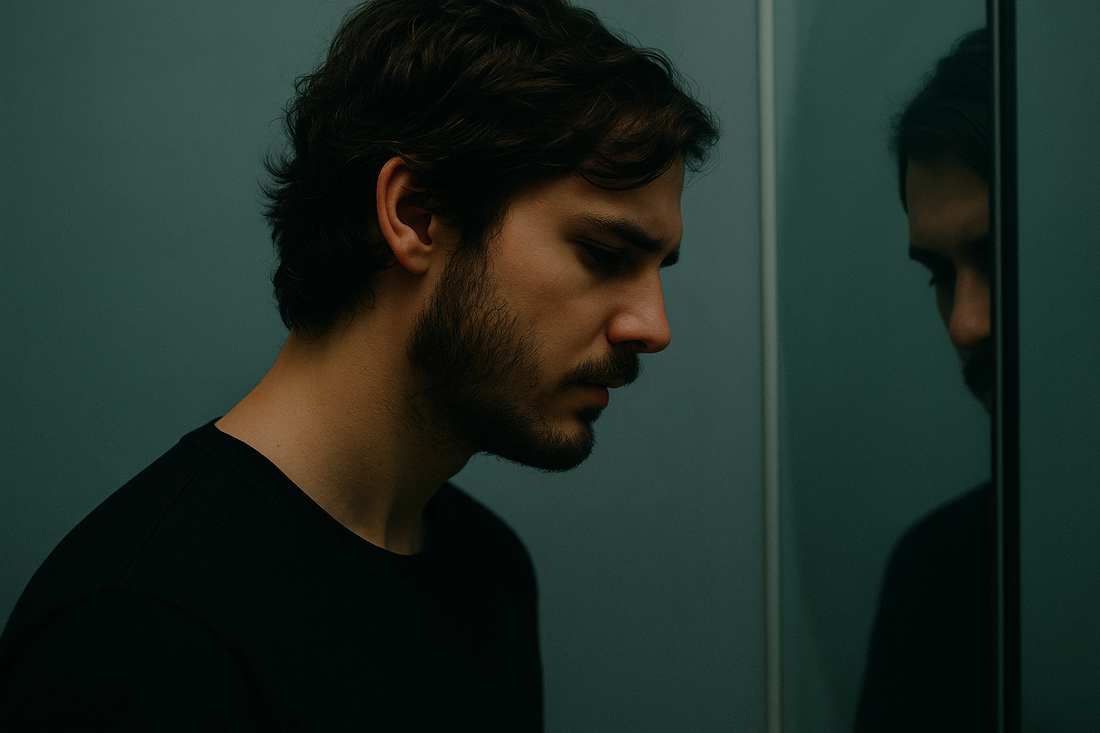 Primer plano de un joven con expresión introspectiva observando su reflejo en un espejo, con luz tenue sobre fondo verde azulado.
