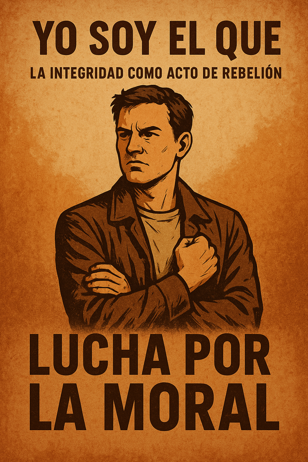 Ilustración de un hombre con gesto firme y el puño sobre el pecho, representando la lucha por la integridad moral como acto de rebeldía en tiempos de máscaras.